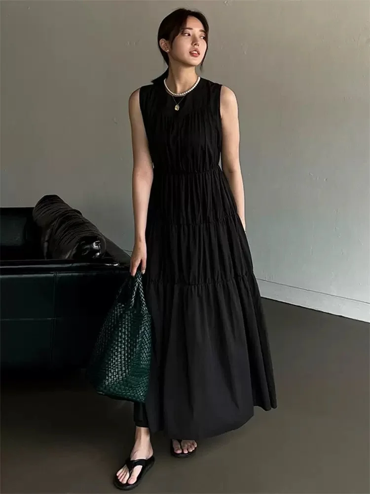 Elegant Pleated Sleeveless Waist Gathering Maxi Dress - yankia