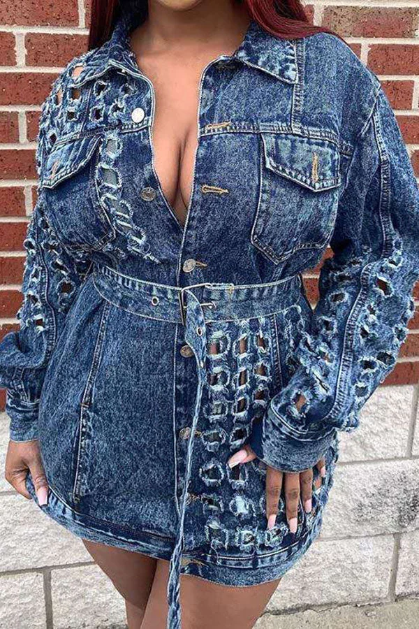 Blue Stylish Cutout Belted Denim Mini Dress