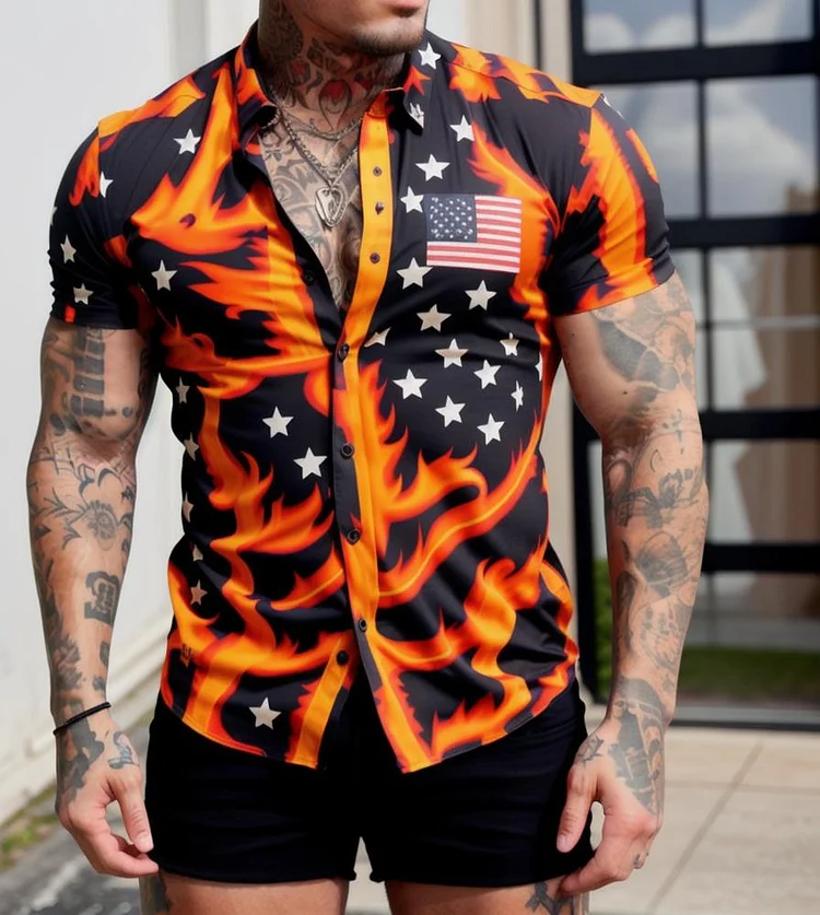 Orange Men's Flame Printed Vacation Short Sleeve Shirt at Hiphopee