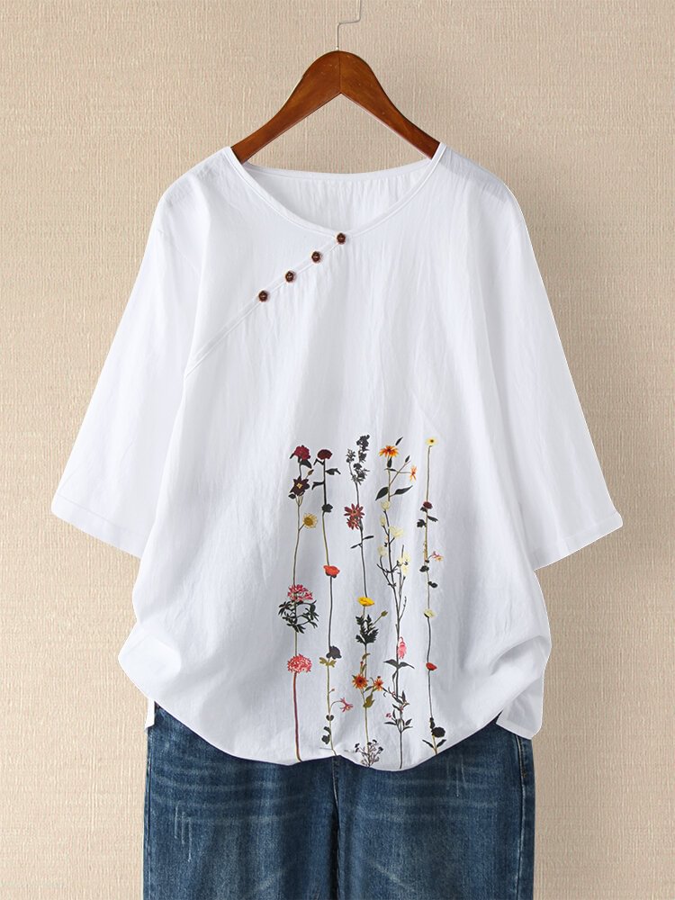 Floral Printed Short Sleeve Button T shirt For Women P1690810