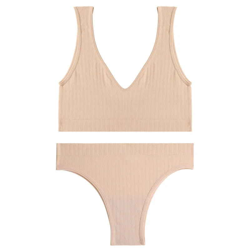 FINETOO Deep V Tops Panties Set Seamless Bralette Women M-XL Sexy Bra Set Backless Underwear Suit Girl Crop Top Underpants Set