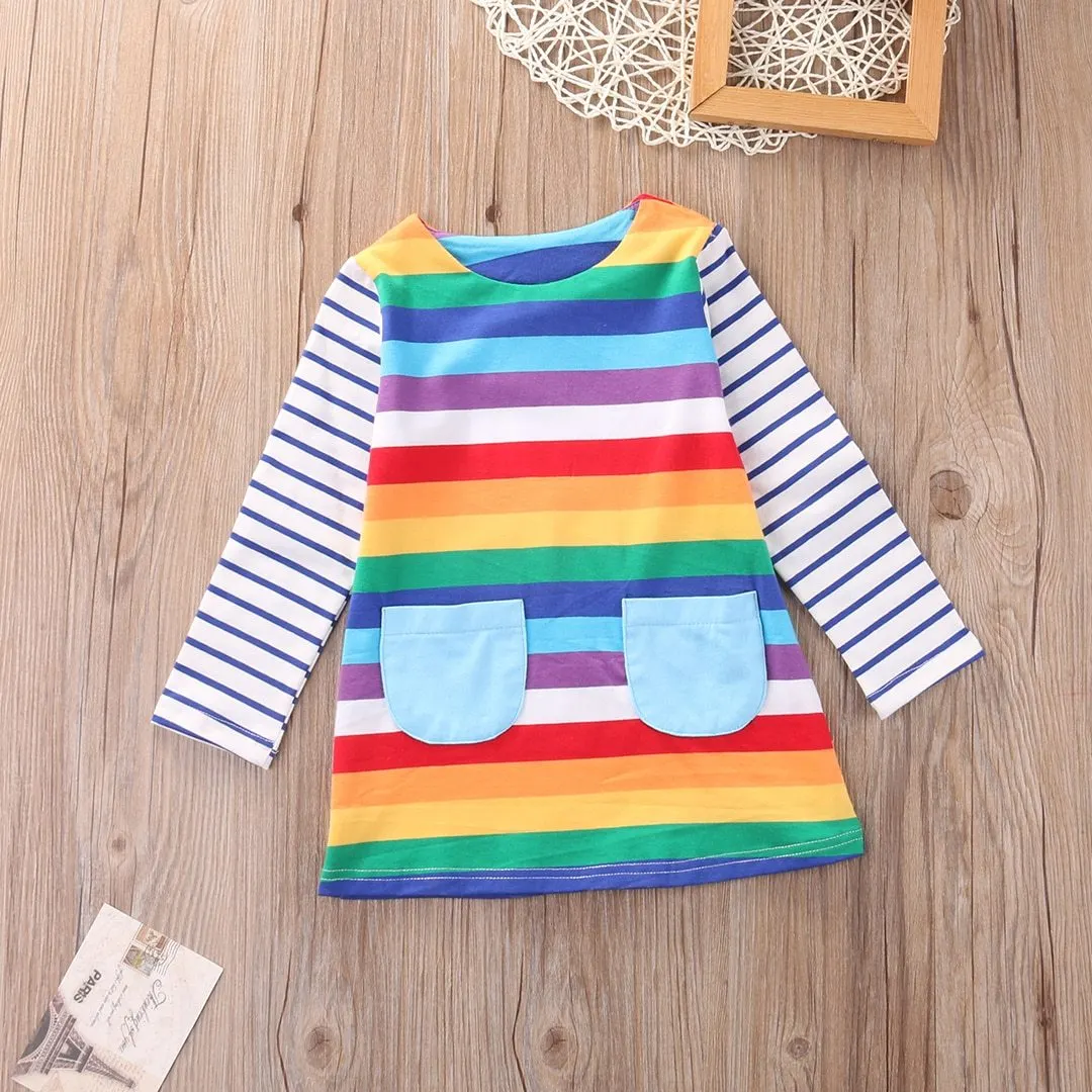 2018 Brand New 2-7Y Toddler Kids Baby Girls Dress Rainbow Striped Print Long Sleeve Pocket Knee-Length Colorful Causal Dress