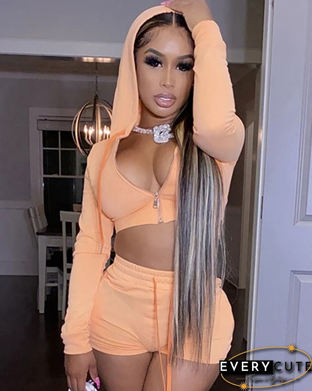 Zip Hooded Crop Top & Drawstring Shorts Set