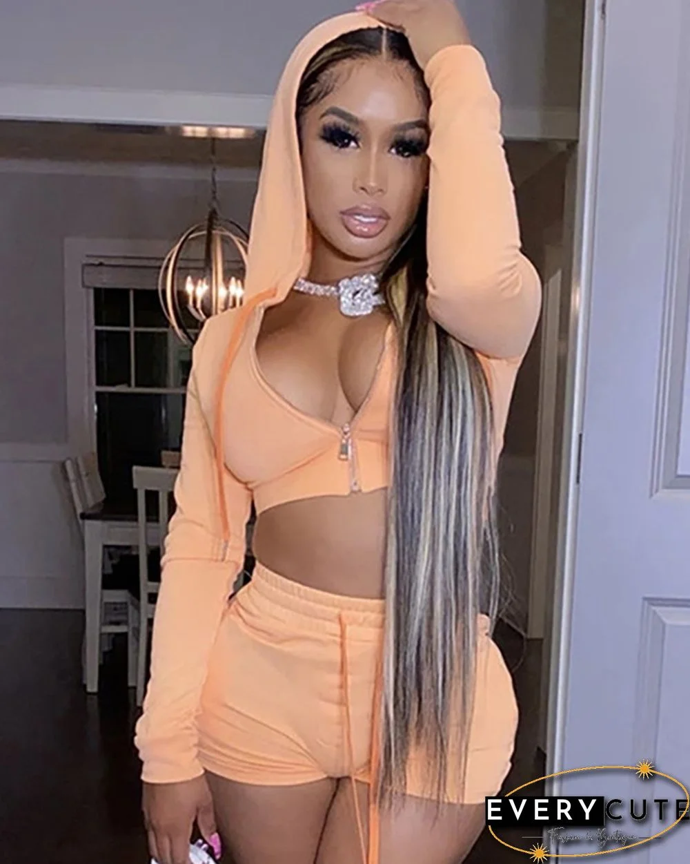Zip Hooded Crop Top & Drawstring Shorts Set