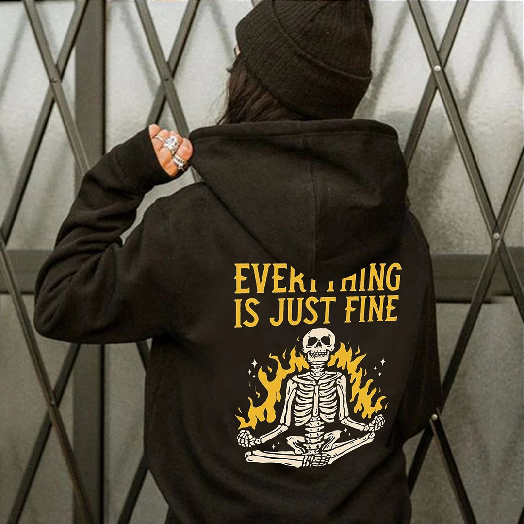 EVERYTHING IS JUST FINE Fire Skull   Casual Black Print Hoodie