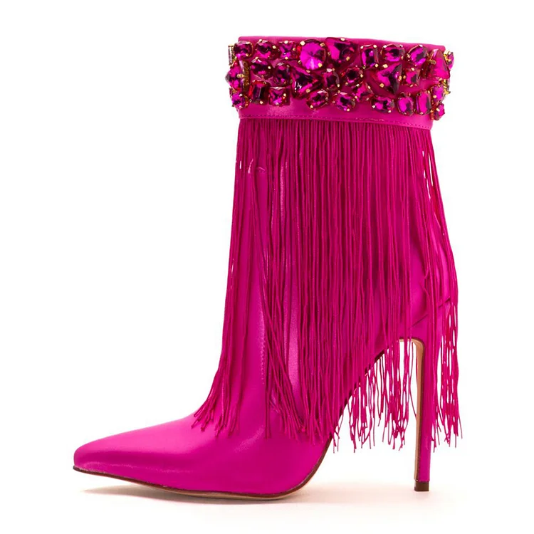 Elegant Pointy Toe Tassel Stiletto Heel Rhinestone Booties Vdcoo