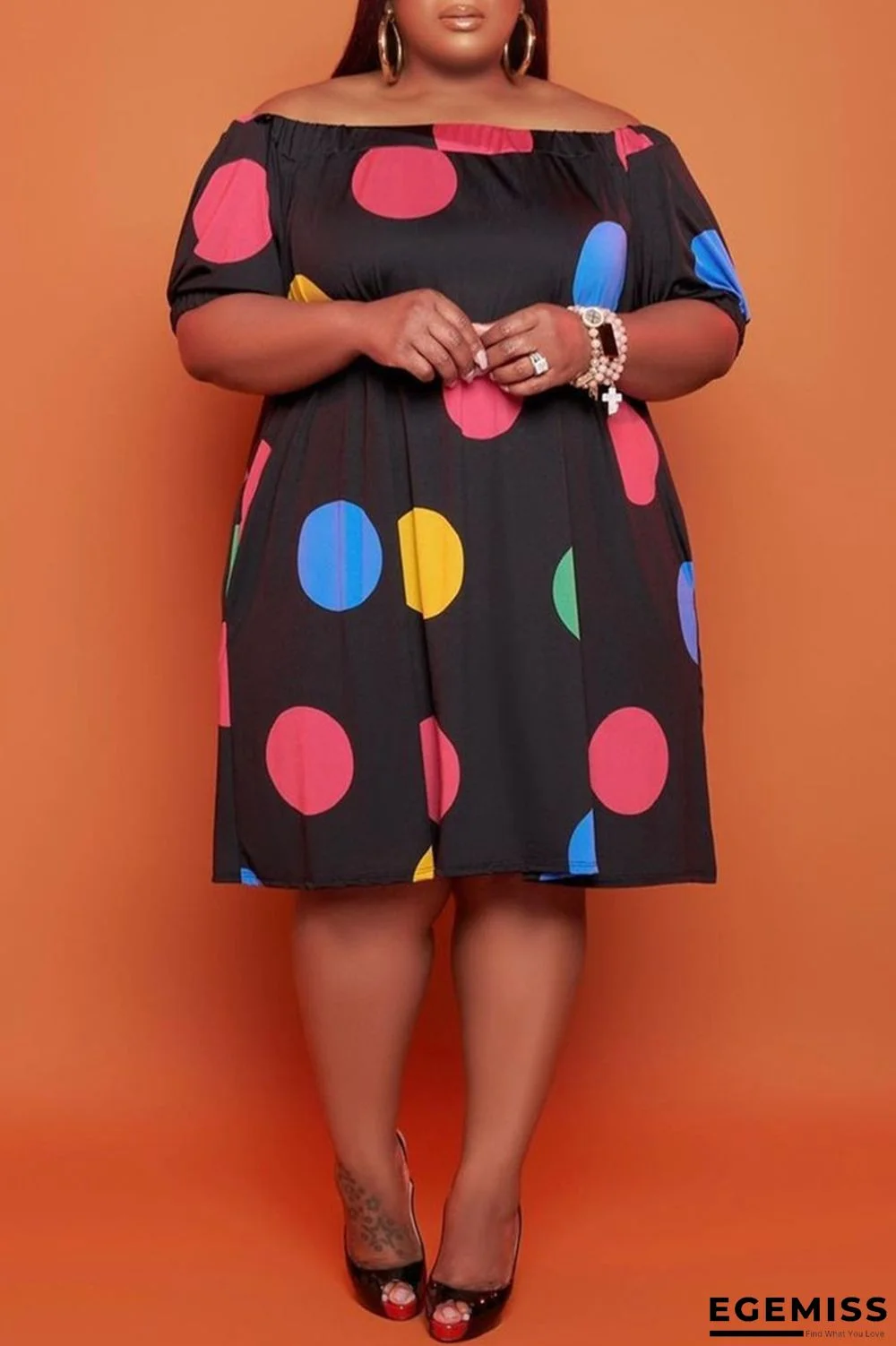 Black Fashion Plus Size Dot Print Basic Off the Shoulder Short Sleeve Dress | EGEMISS