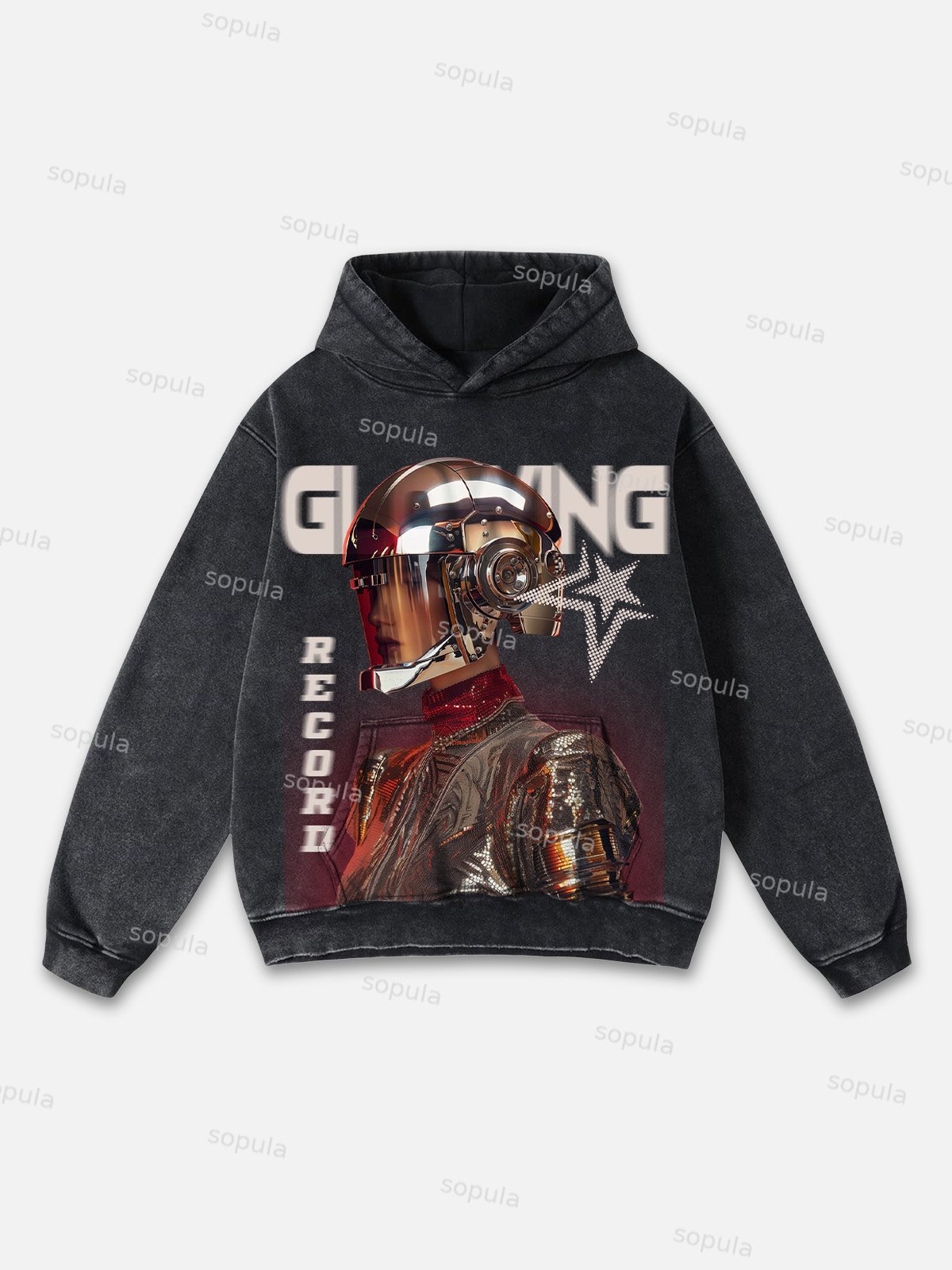 Vintage Glowing Astronaut Graphic Print Washed Hoodie - SOPULA