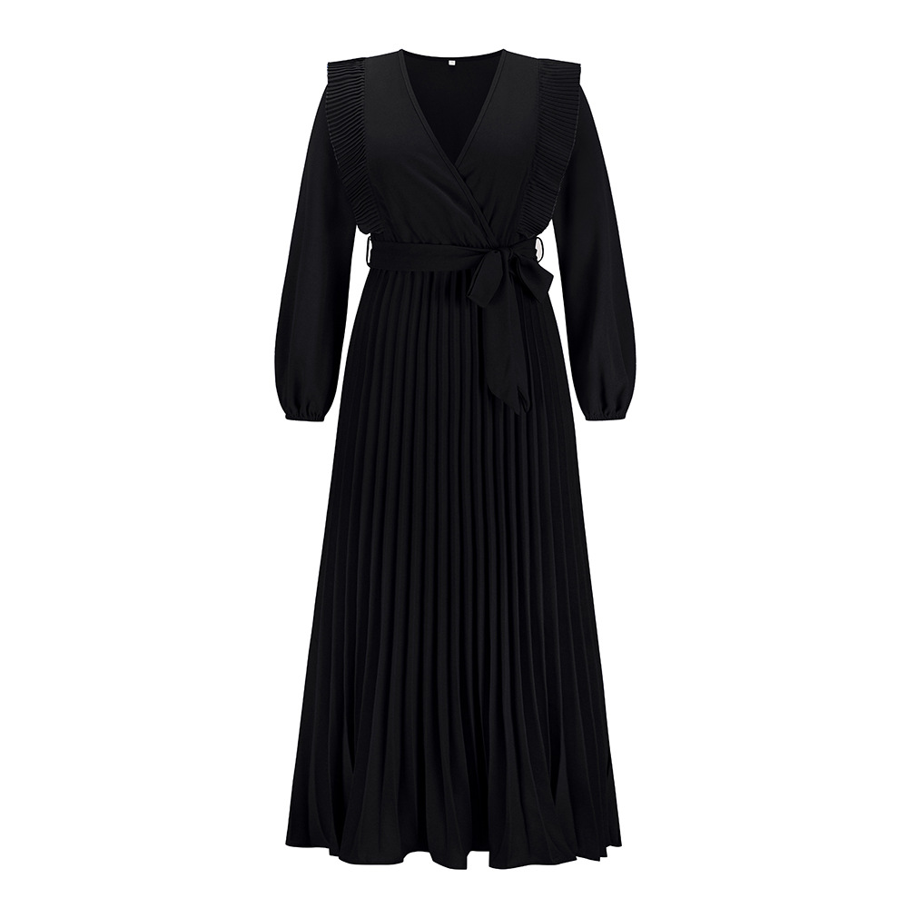 Mature Women V-neck Swing Pleated Dress