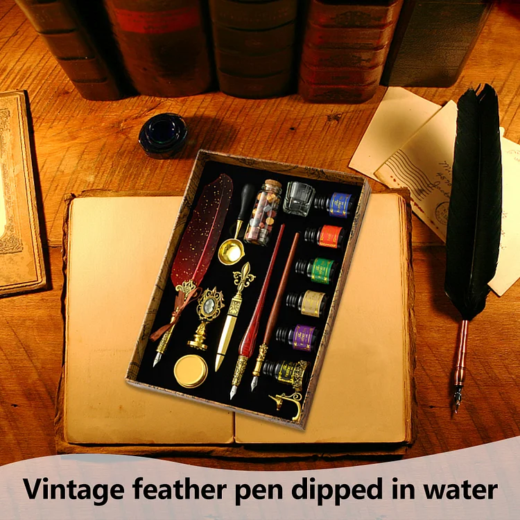 Exquisite Feather Dip Pen Kit Stationery Calligraphy Pen Wax for Home (red wine)