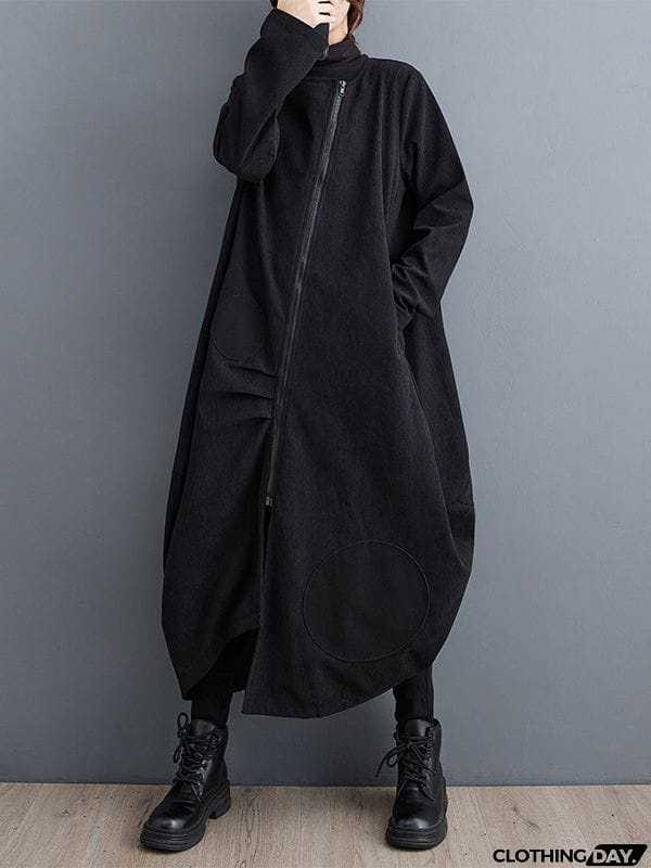 Long Sleeves Loose Asymmetric Pleated Polka-Dot Split-Joint Zipper High-neck Midi Dresses Outerwear