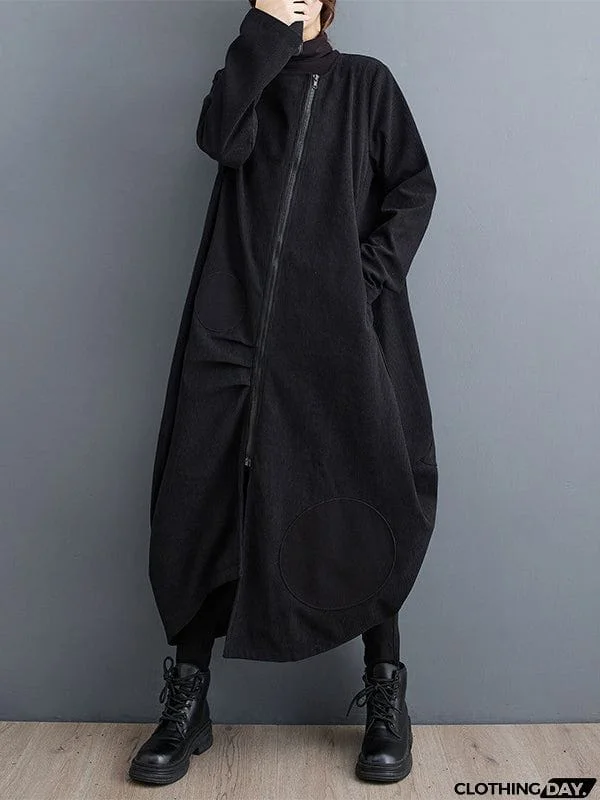 Long Sleeves Loose Asymmetric Pleated Polka-Dot Split-Joint Zipper High-neck Midi Dresses Outerwear