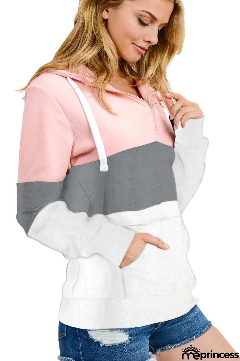 Color Block Zipped Neck Hoodie
