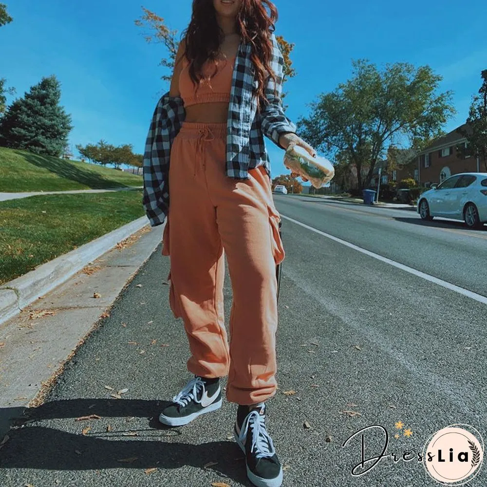 Sporty Crop Top and Pocket Detail Jogger Tracksuit Pant Set