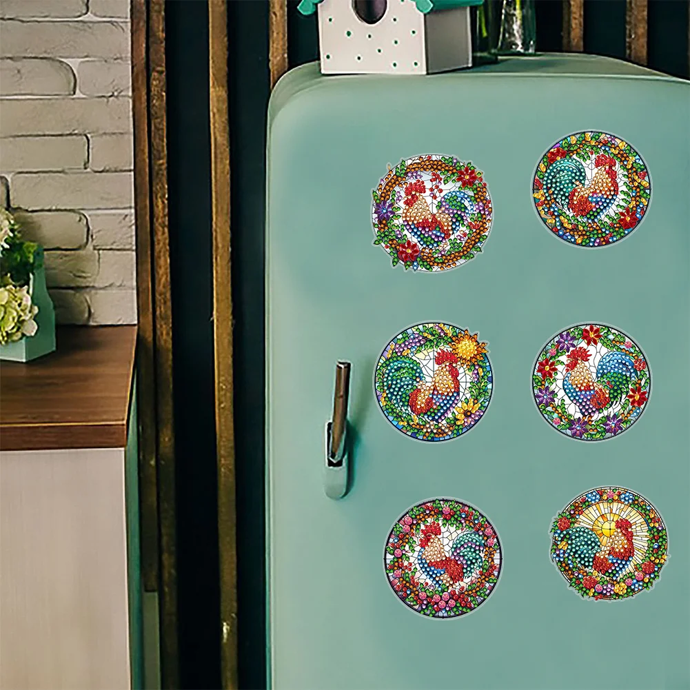  6 Pcs Rooster Diamond Painting Cartoon Fridge Magnetic Stickers