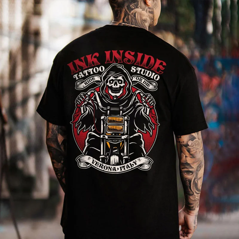 INK INSIDE TATTOO STUDIO Skeleton Motorcyclist Print Men's T-shirt