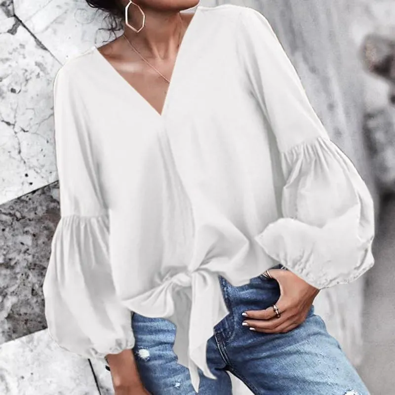 Women Stylish Tops Elegant Office Work Shirts Long Lantern Sleeve Sexy V-Neck Casual Bow