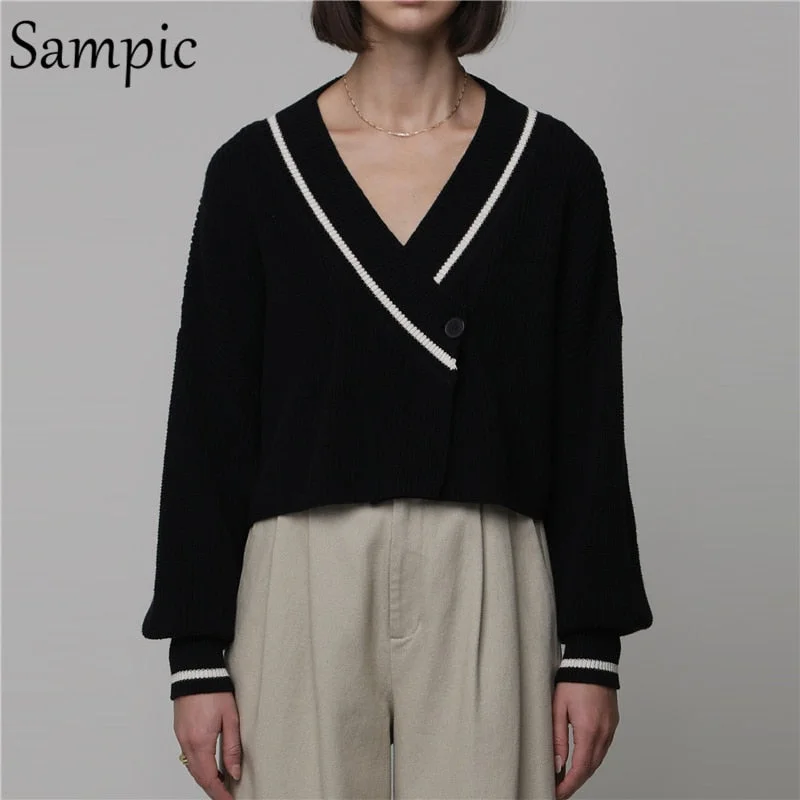 Sampic Fashion Sexy Women Korean Preppy Style Knitted Cardigans Sweater Tops Autumn Beige Basic Cropped Sweater Jumpers Outwear