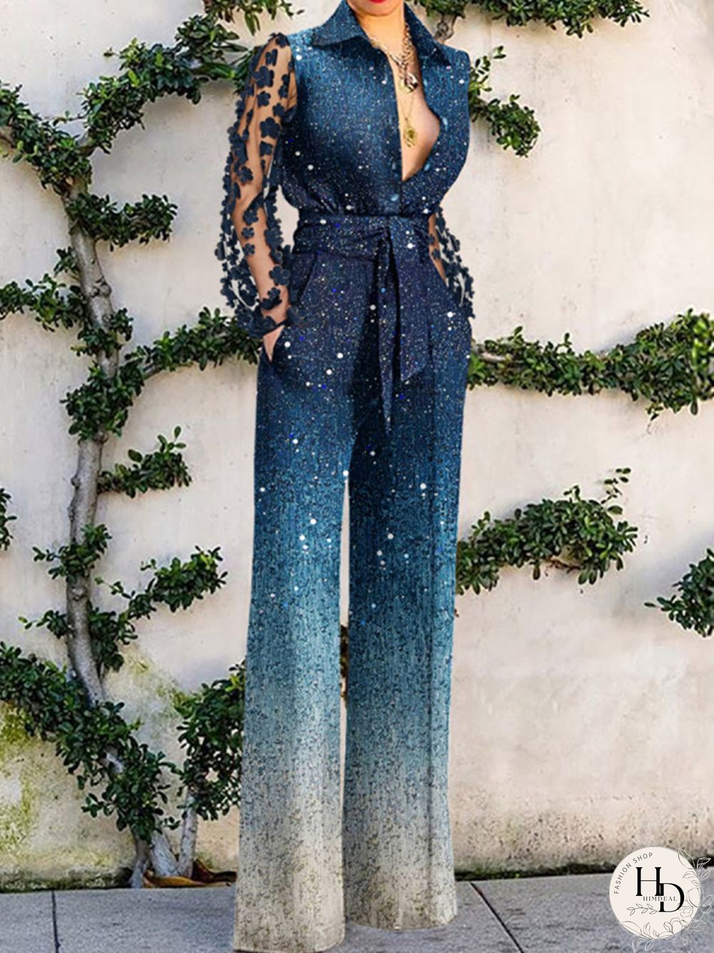 Summer Sexy Hollow Tie-Up Loose Playsuit Women Fashion Wide Leg Party Jumpsuit Elegant