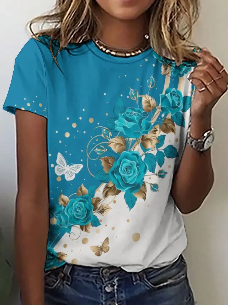 Printed Short Sleeve Casual T-shirt for  Women and Men Unisex Pattern Butterfly, Blue, Floral