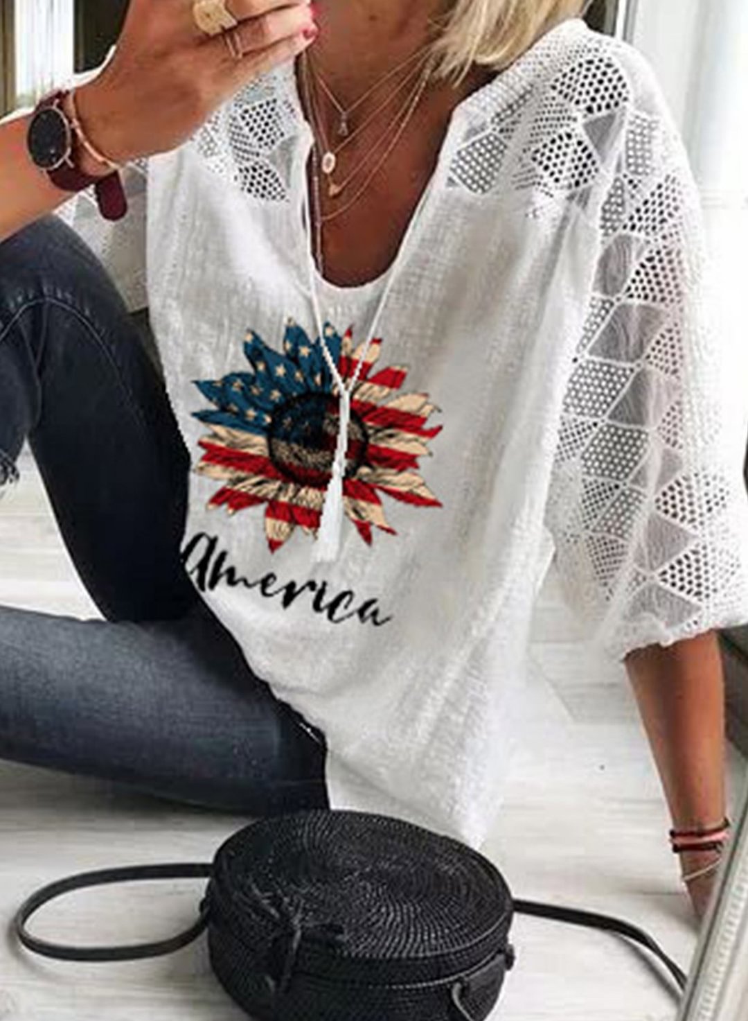 Women's Blouses Sunflower Flag Cutout Blouse