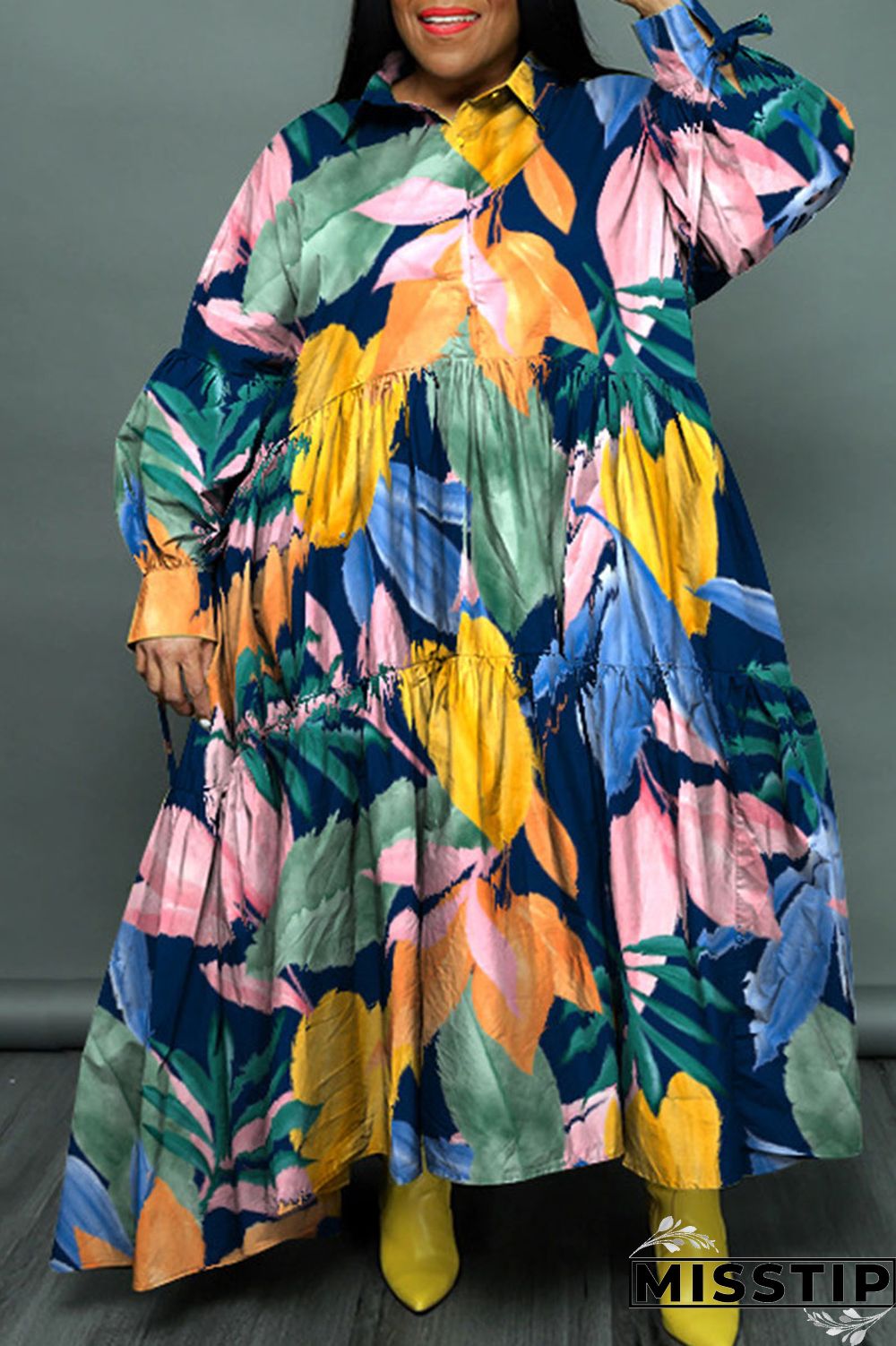 Cyan Casual Print Patchwork Buckle Fold Turndown Collar Long Dress Plus Size Dresses