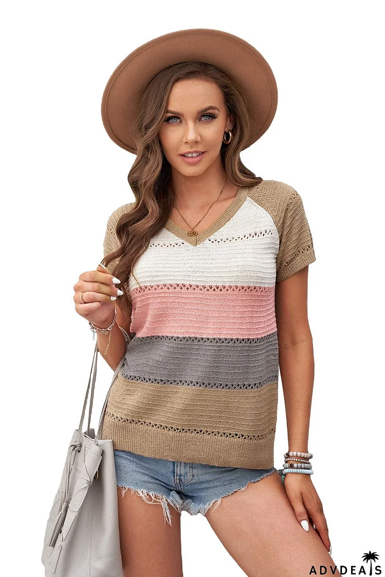 Stripe Print Knitted V Neck Top