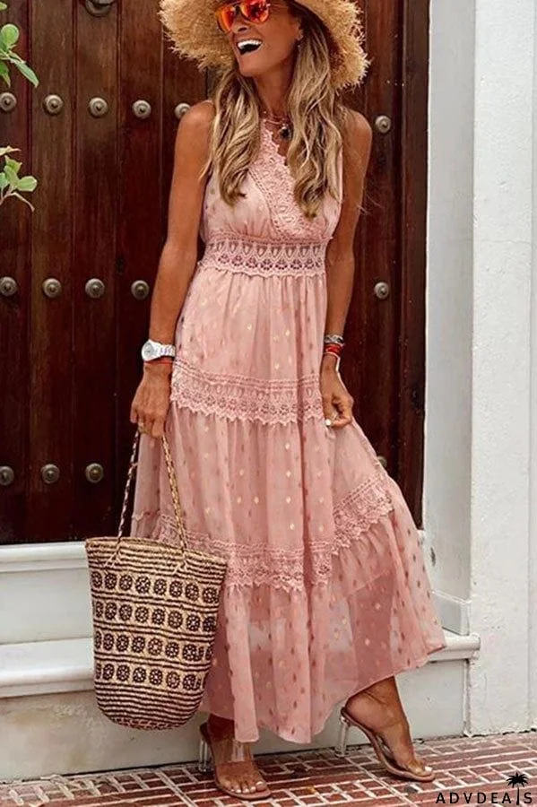 Antonia Golden Polka Dots Crochet Lace Maxi Dress