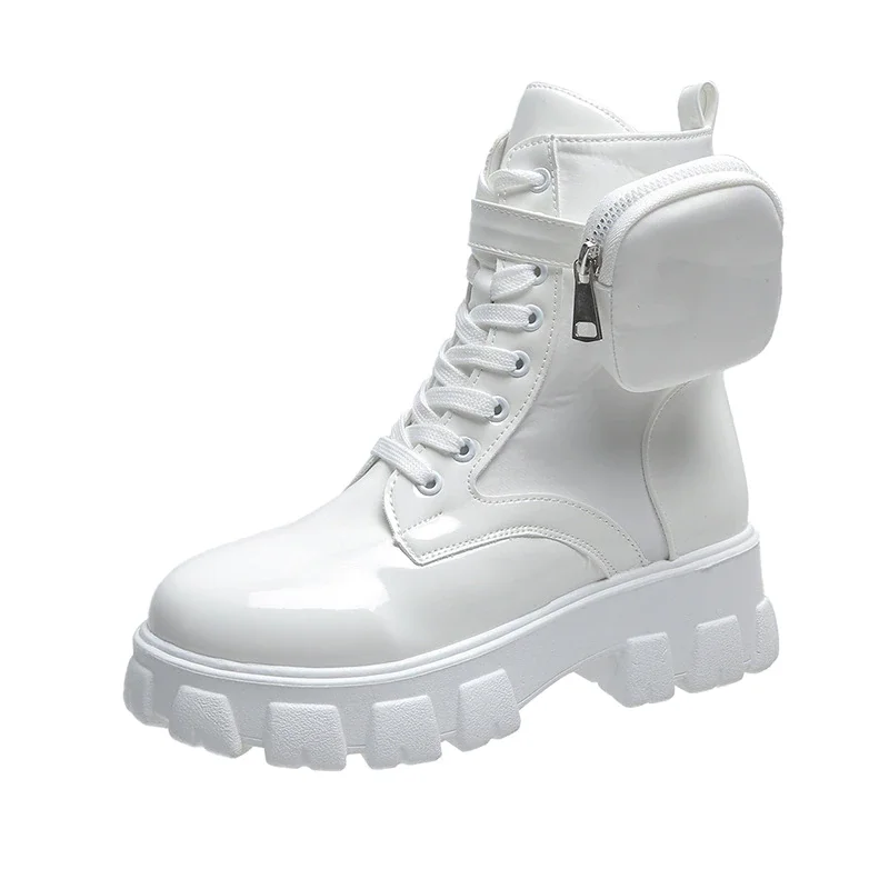 Qengg Women's Combat Boots Pocket Lace Up Women Ankle Boots 2021 Autumn Fashion Female Chunky Heels Platform Ladies Shoes Woman Boots