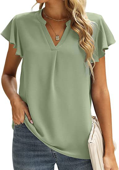 Summer Solid Color Women's Fashion V Neck Elegant Chiffon T-Shirts