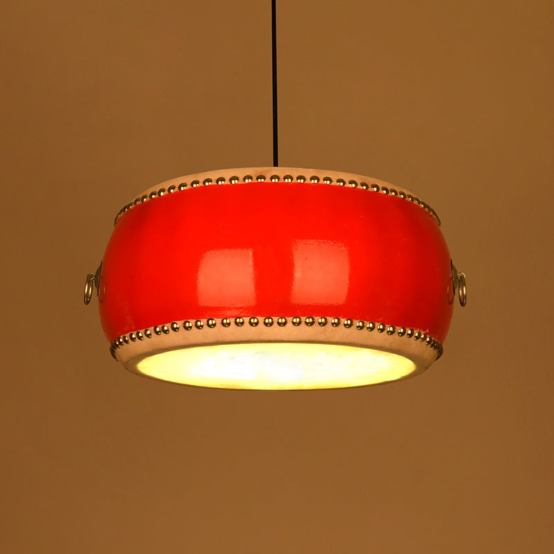 Traditional Chinese Drum PVC Cowhide 3-Light Pendant Light For Dining Room