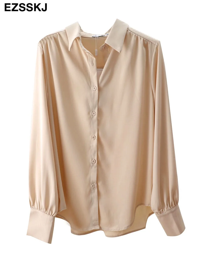 high quality 2022 new chic casual loose thick silk blouse shirt women solid color oversize long sleeve Fàguó blouse shirt basic