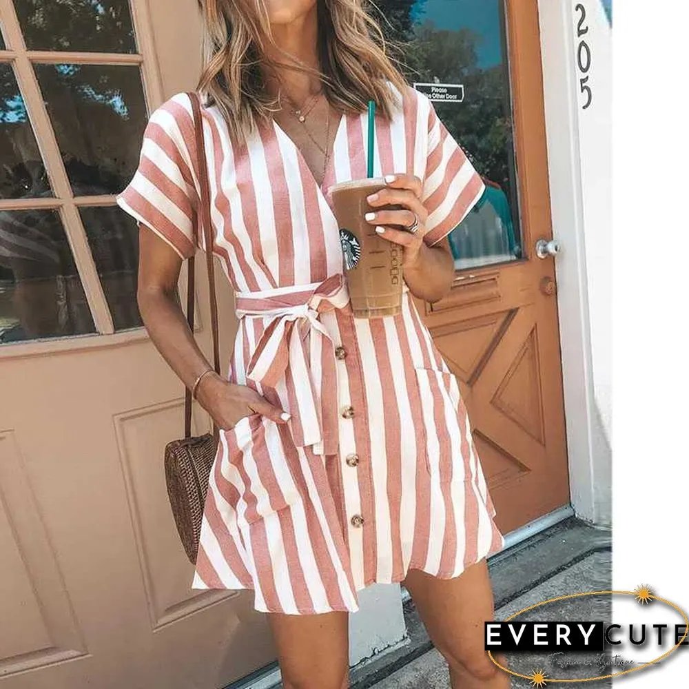 Classic Casual Deep V Neck Tie Waist Vertical Striped Bodycon dress