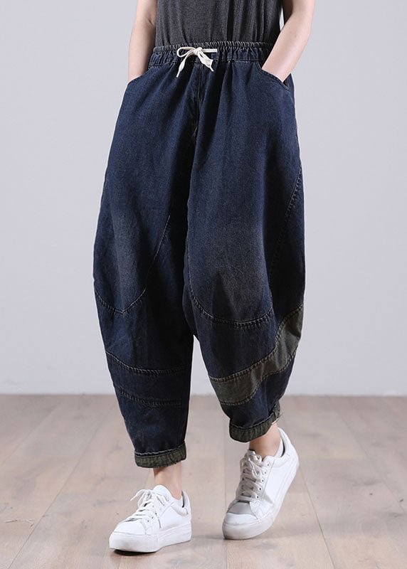 Chic Blue Casual Elastic Waist Pockets Harem Denim Fall Patchwork Pants CK876- Fabulory