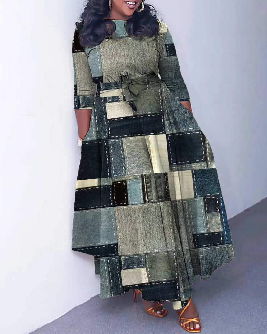 Denim Block Color Contrast Long Sleeve Pockets Maxi Dress