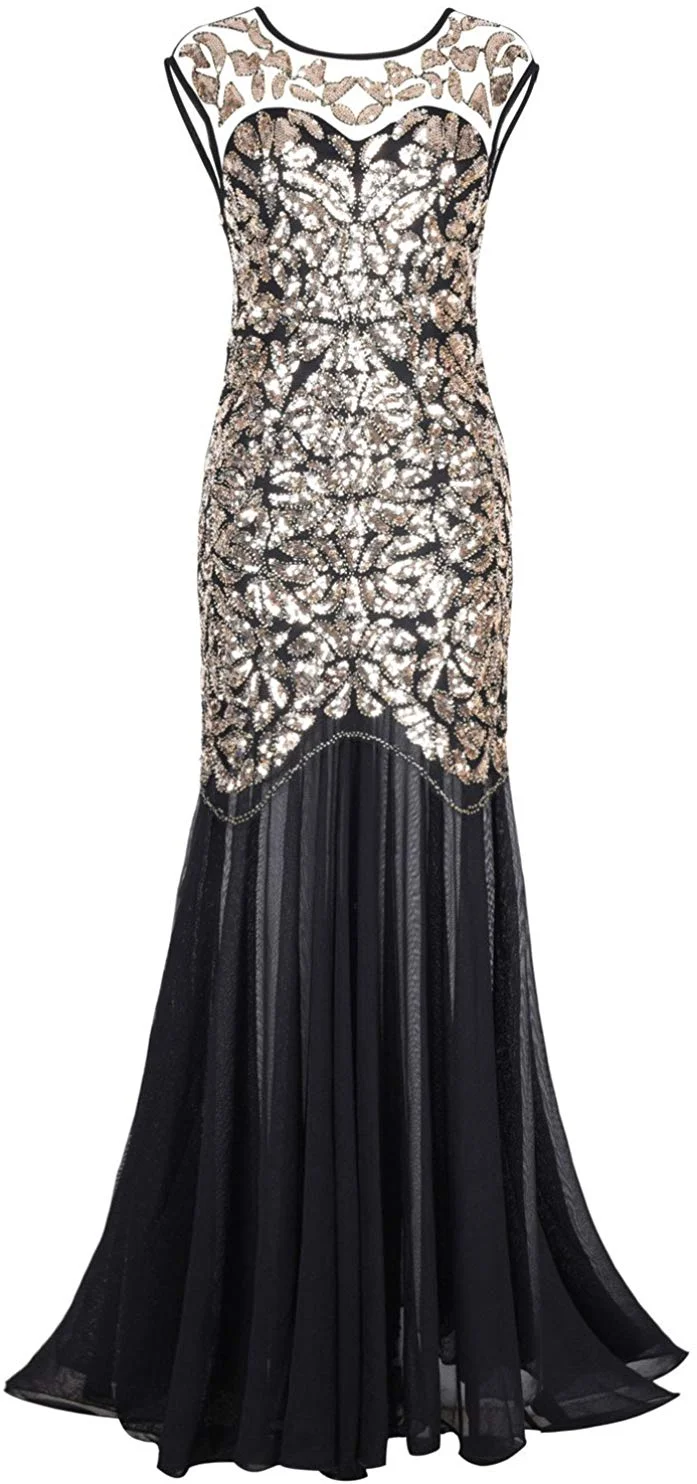 1920s Dress Women 's Black Sequin Gatsby Maxi Long Evening Prom Dress