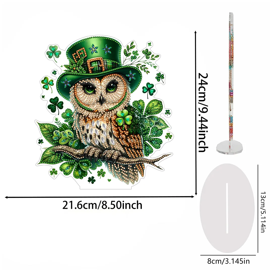 2D Flat DIY St Patricks Day Owl Diamond Painting Tabletop Ornaments Kit Special Shape Crystal Art Craft Decoration Single Side Drill for Living Room Home Office