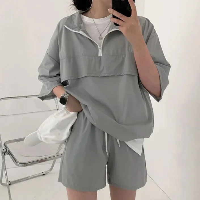 Churchf Women's 2 Pieces Set Turtleneck Long Sleeve Top And Shorts Suit Female Korean Style Clothes Summer Casual Tracksuit-Outfit Ideas