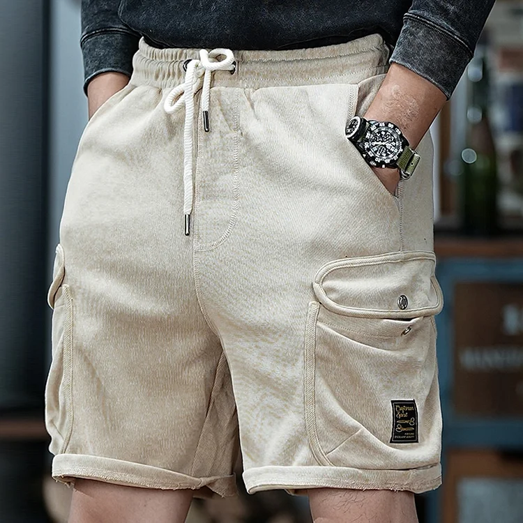 Vintage Beige Large Pocket Loose Casual Cargo Shorts