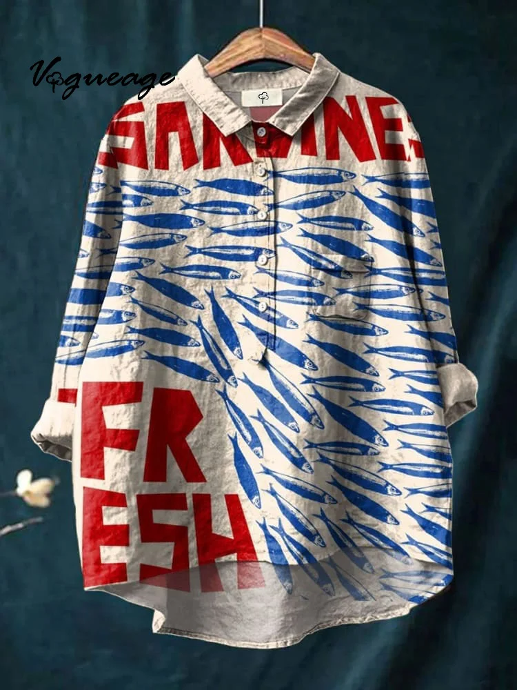 Fashion Alphabet Fish Printed Cotton And Linen Shirt