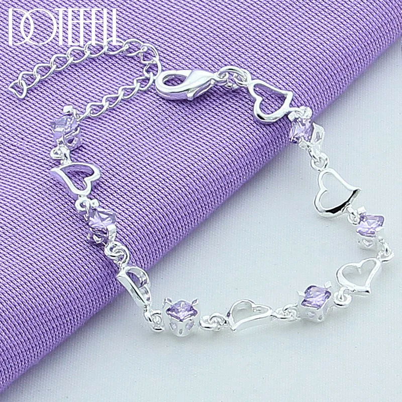 DOTEFFIL 925 Sterling Silver Heart Purple Zircon Bracelet For Women Jewelry 