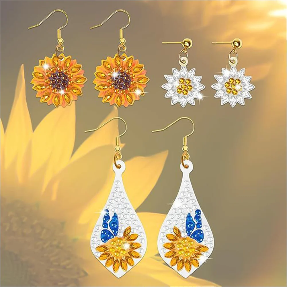 3Pairs DIY Double Sided Sunflower Butterfly Diamond Painting DIY Earring Making Kit