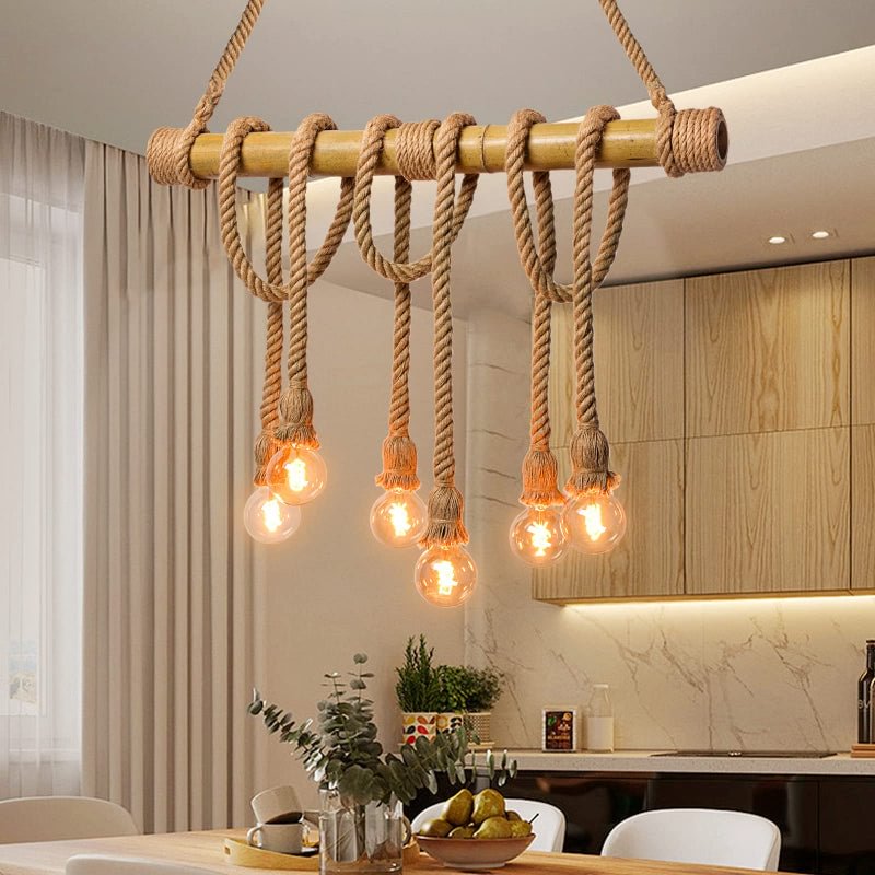 Vintage Bamboo Rope Chandelier Hemp Rope Pendant Lamp