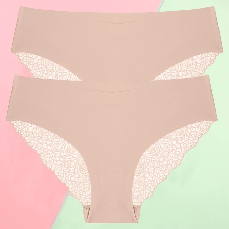 FINETOO 2PCS/Set S-XL Sexy Women Seamless Lace Pantys 6 Solid Colors Breathable Panties Lace Underwear For Girls Thong Lingerie