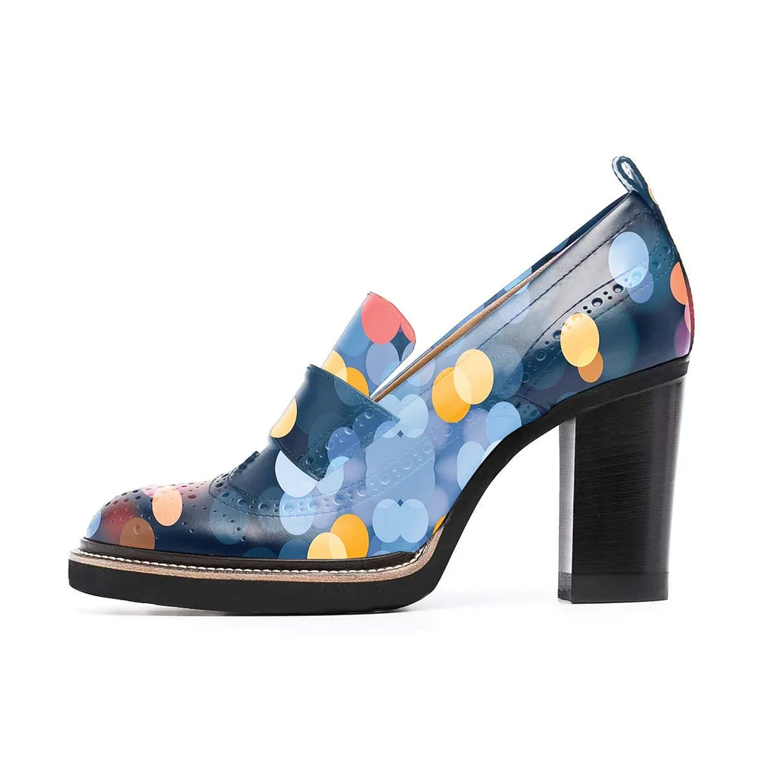Multicolor Vegan Leather Chunky Heel Polka Dots Loafer Shoes Women