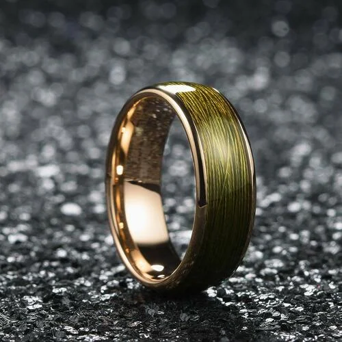 6MM 8MM Women Mens Gold Tungsten Matching Colorful Fragments Inlay Steel Green Wire Inlay Domed Style High Polished Rings