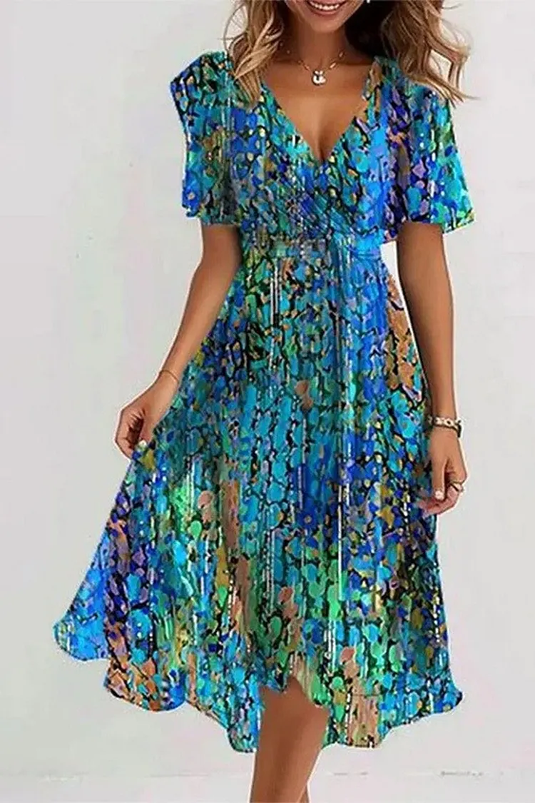 Oversized V - Neck Midi Dress Women's Printed Casual Streetwear