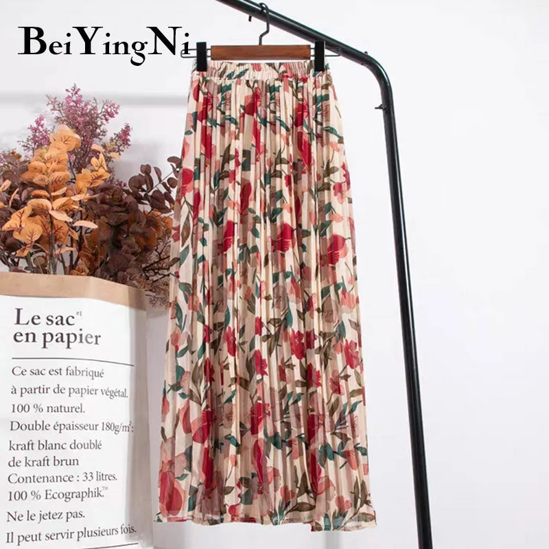 Beiyingni Summer Chiffon Beach Boho Maxi Women Skirt High Waist Floral Print Vintage Holiday Ruched Long Fashion Skirts Faldas