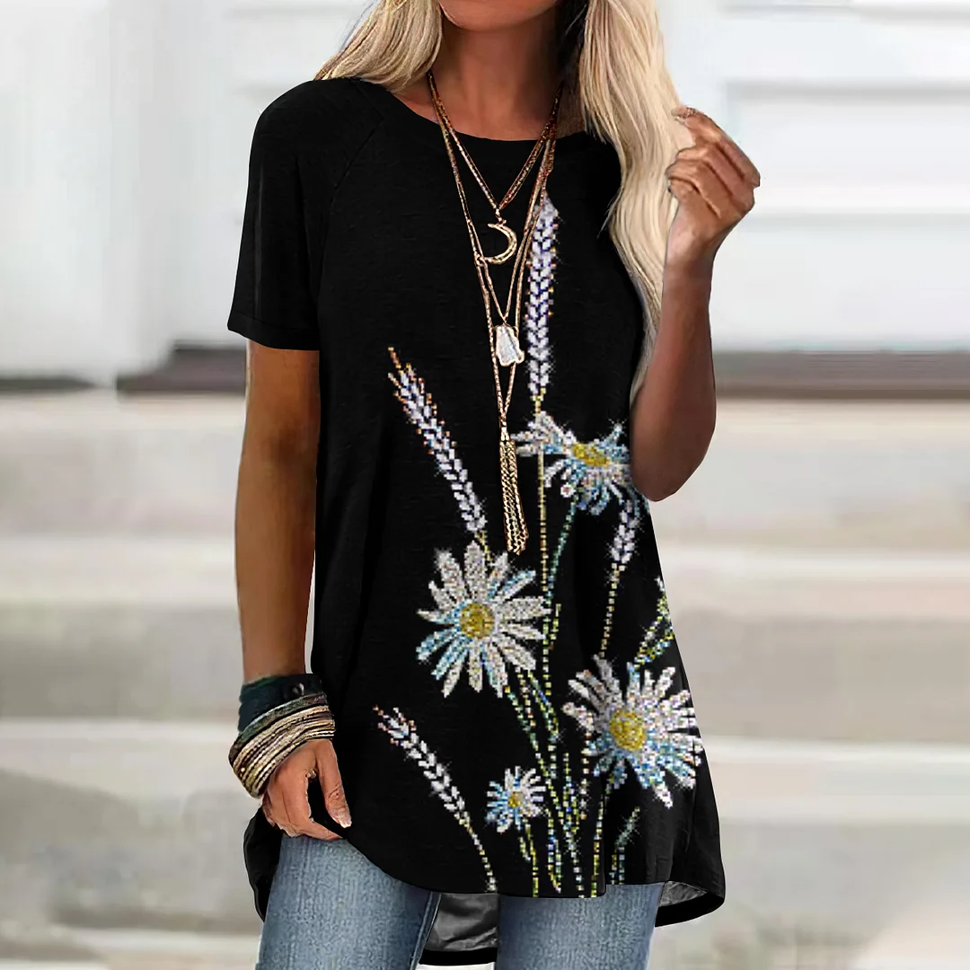 Floral Print Short Sleeve Casual Tunic