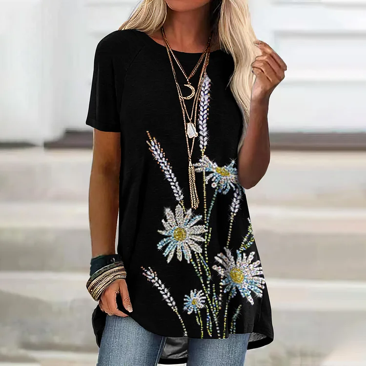 Floral Print Short Sleeve Casual Tunic